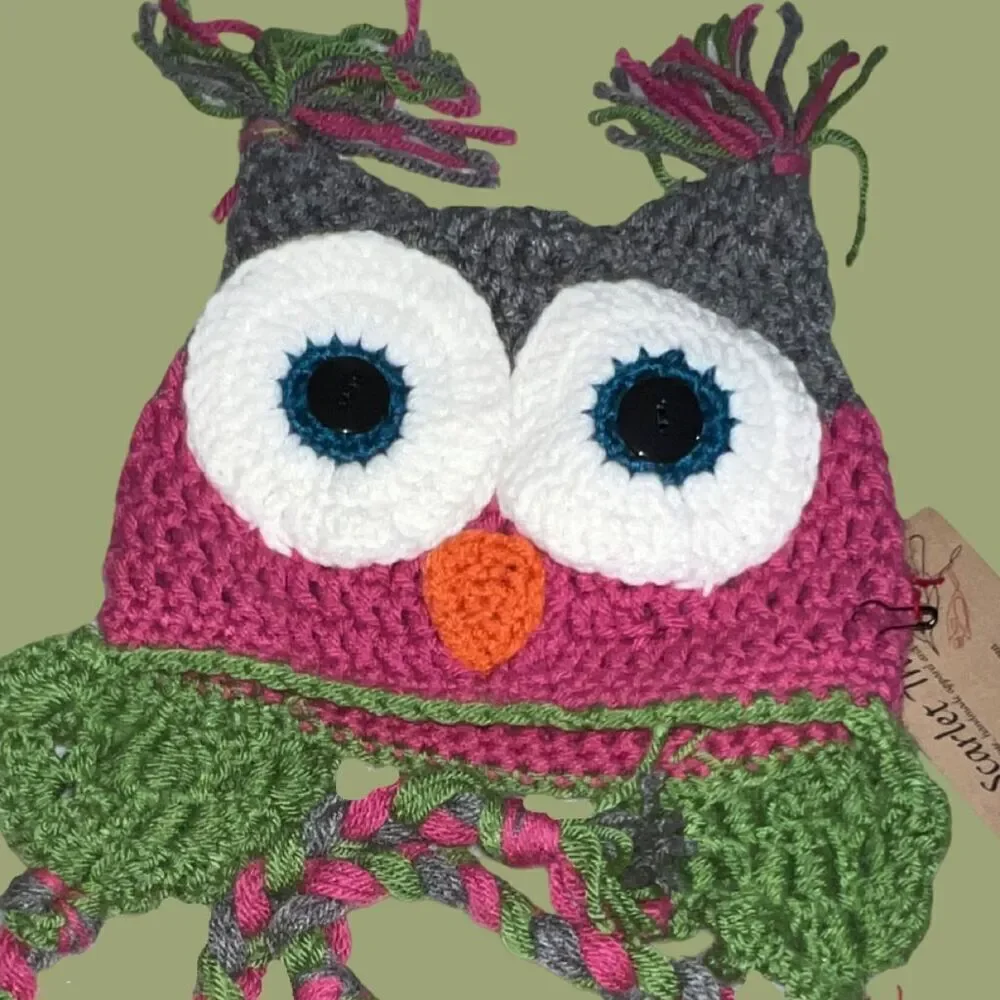 Little Kid Hand Crochet Owl Hat & Fingerless Mittens